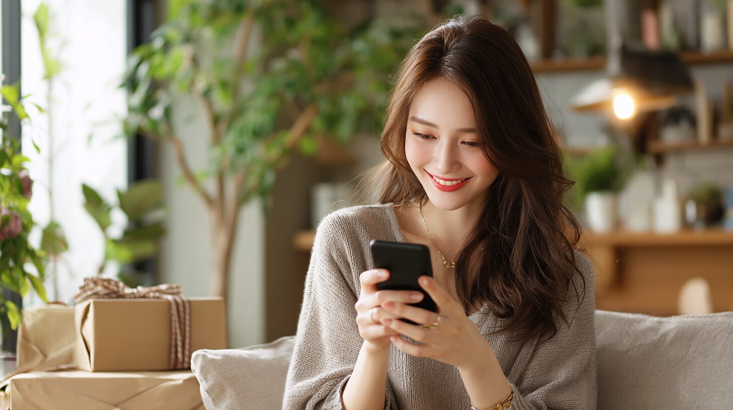 Ulike Air10の30％OFF公式クーポンコードをスマホで確認する女性

